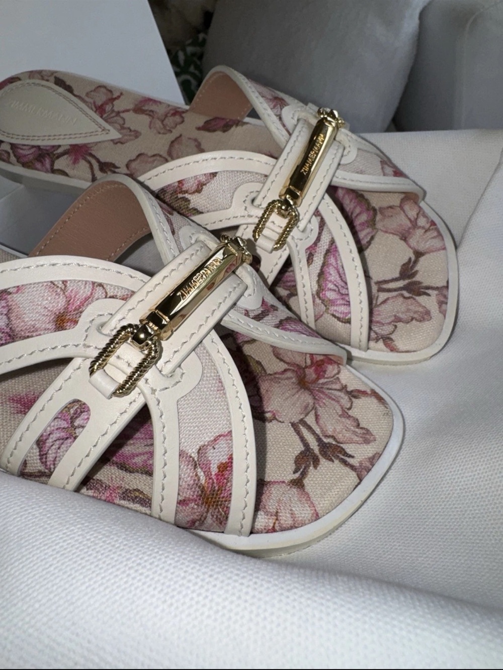 Zimmerman Prisma Hibiscus coral  Floral Print Linen Slide Sandal, Size 38 - Picture 5 of 10